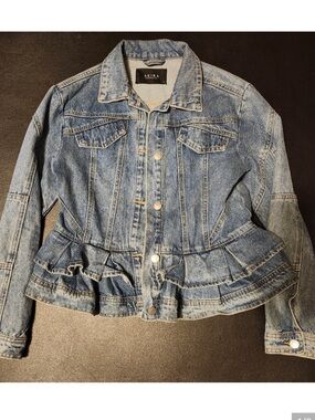 AKIRA Light Wash Denim Jacket with Ruffled Peplum